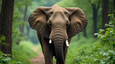 Een majestueuze olifant die door een weelderig groen bos loopt.