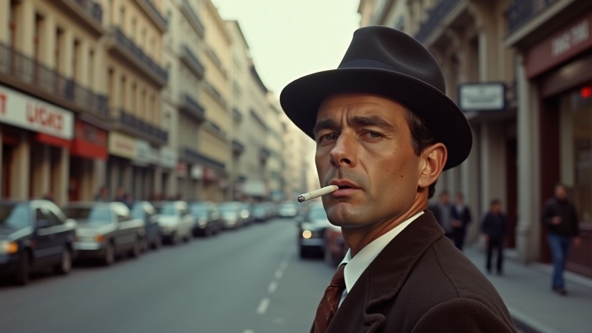 Een man in jaren '80 kleding die lijkt op Humphrey Bogart