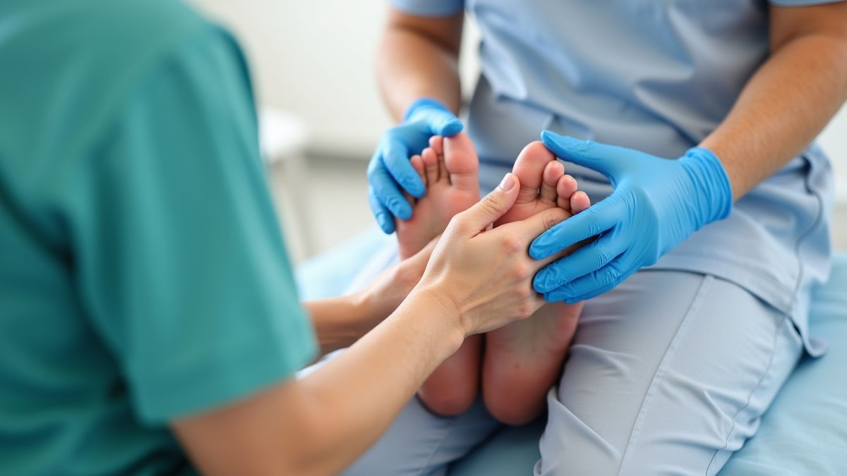 Een medisch professional onderzoekt de voeten van een patiënt.