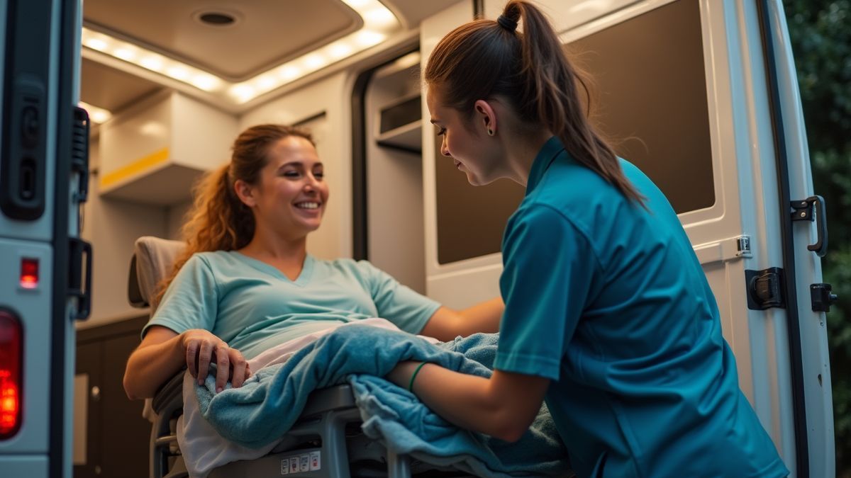 Een medische transporteur helpt een patiënt in een ambulance