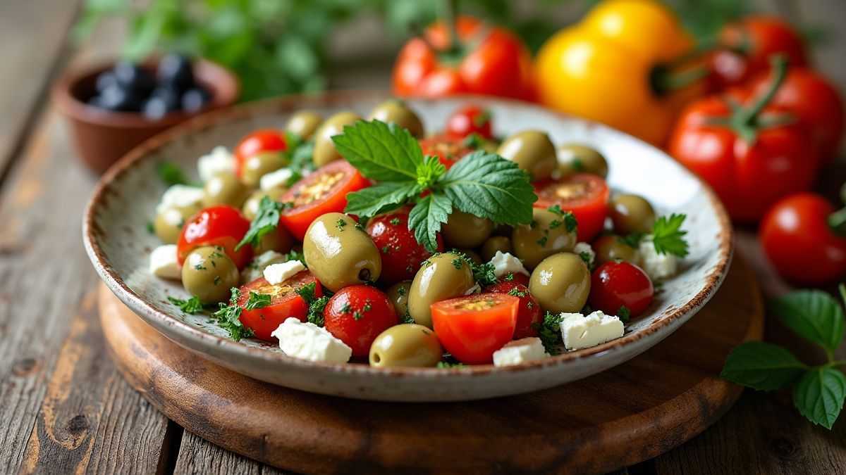 Een mediterraan gerecht met olijven, verse groenten en fetakaas.