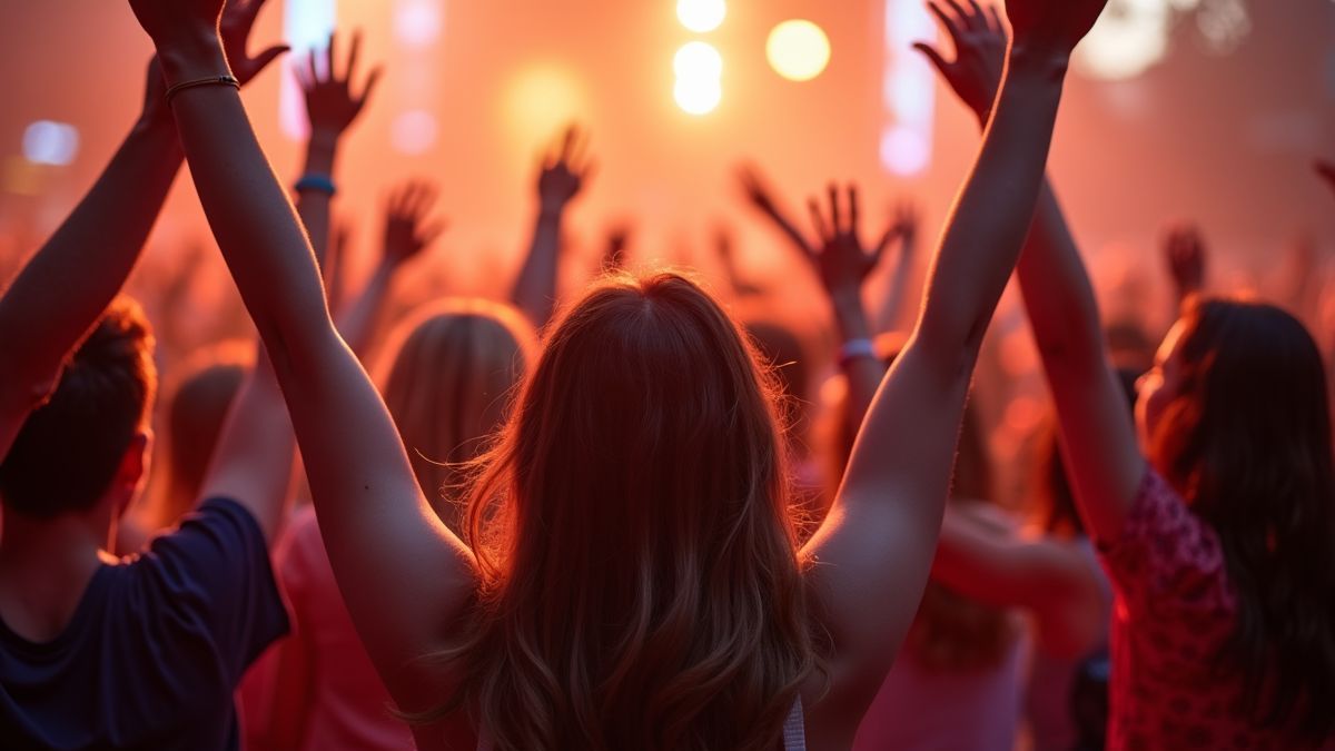 Een menigte die vreugdevol danst op een levendig festival