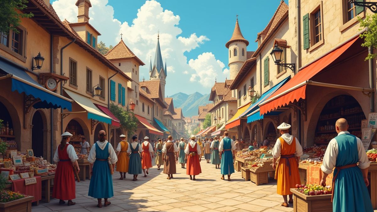 Een middeleeuwse markt met mensen in traditionele kledij