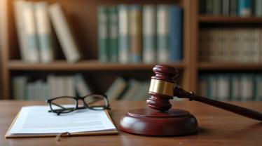 Een modern advocatenkantoor met boeken en een hamer.