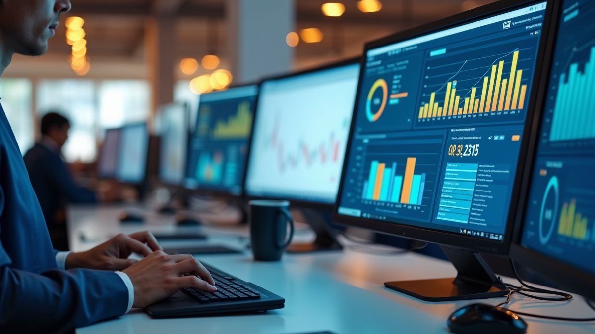 Een modern kantoor met boekhoudsoftware op schermen