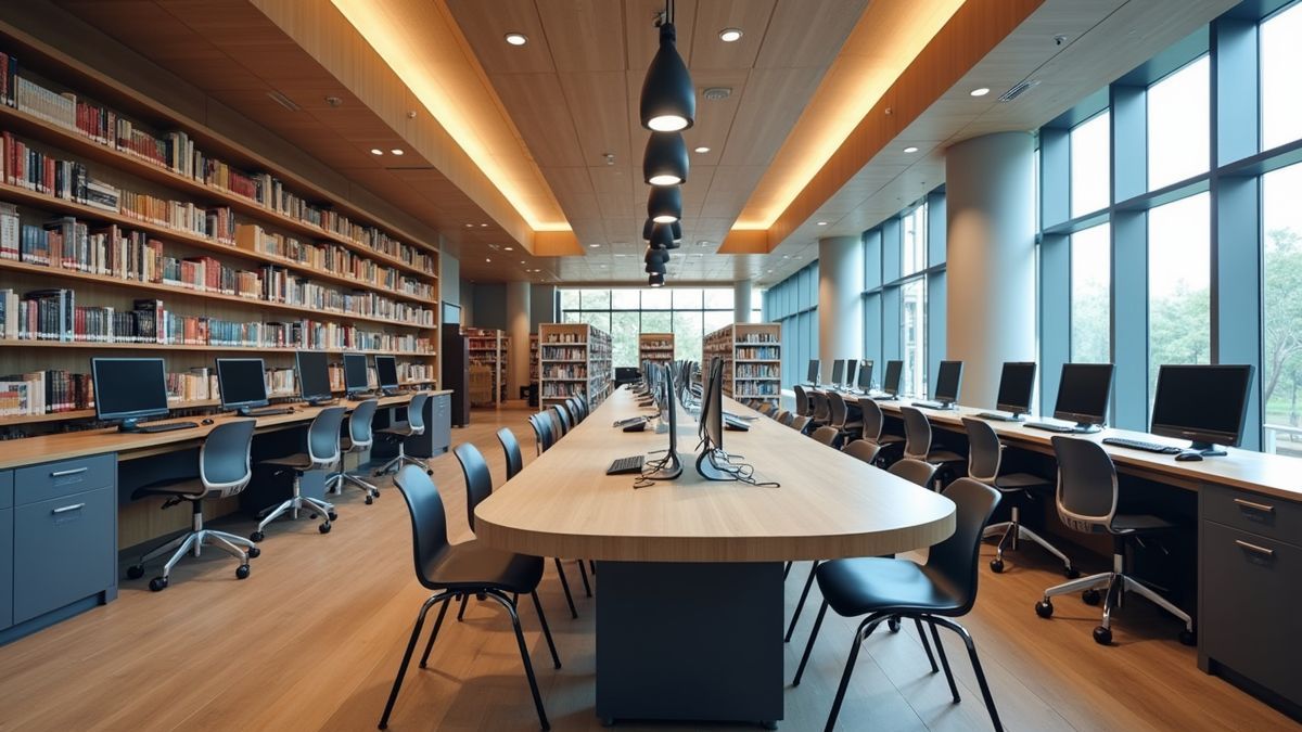 Een moderne bibliotheek met computers en e-books.