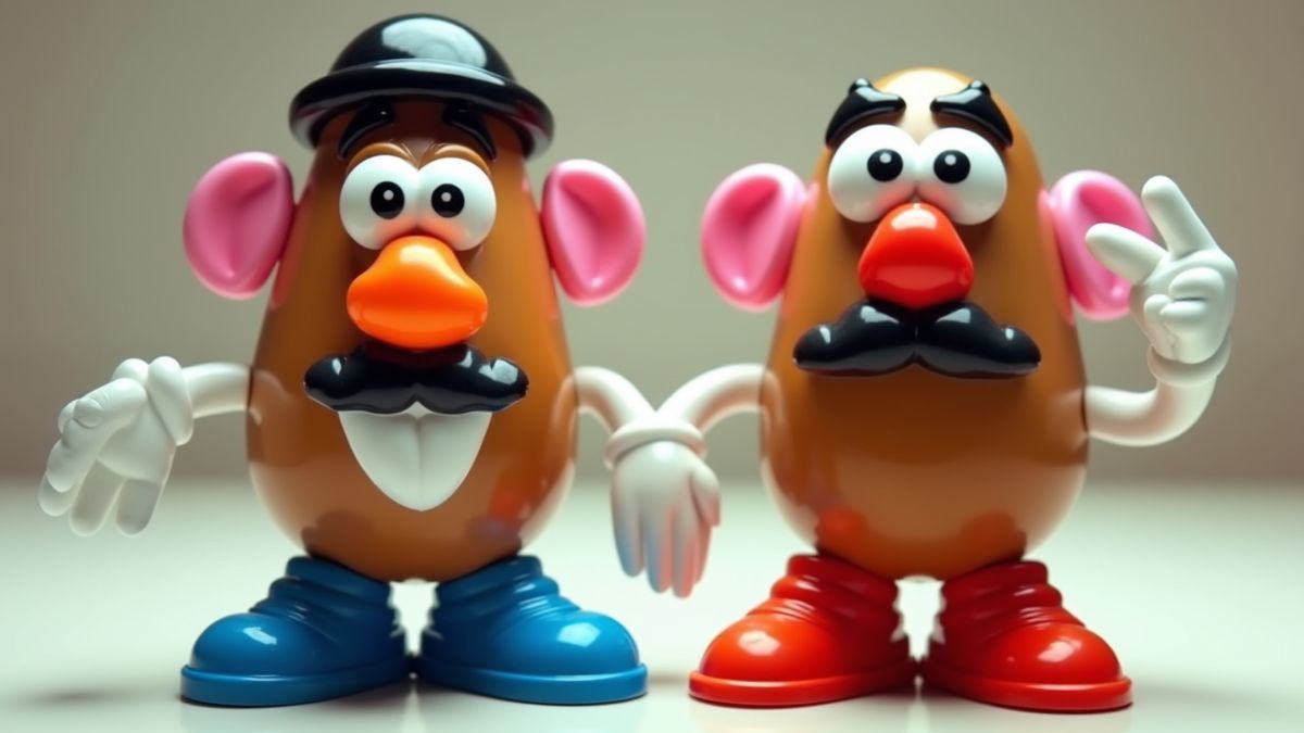 Een moderne Mr. Potato Head toy naast een retro versie uit de jaren 50.