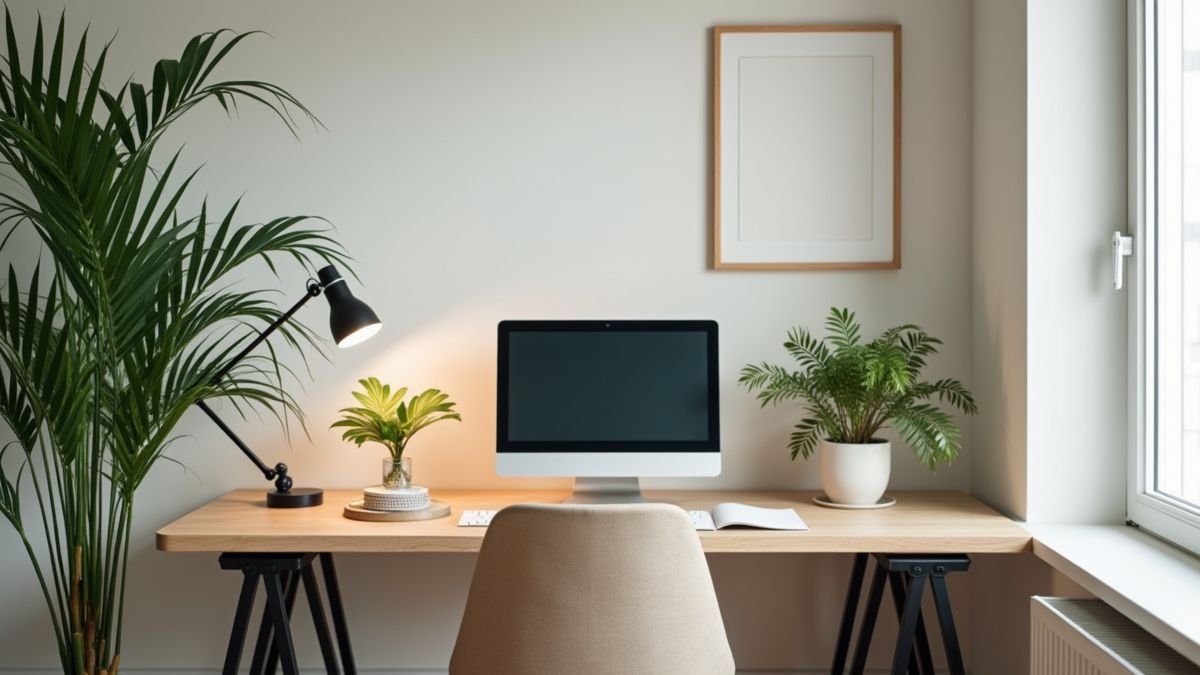 Een moderne werkplek in een gezellige nieuwe woning.