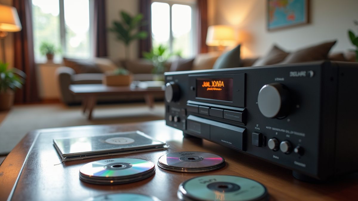 Een moderne woonkamer met een CD-speler en een collectie CD's.