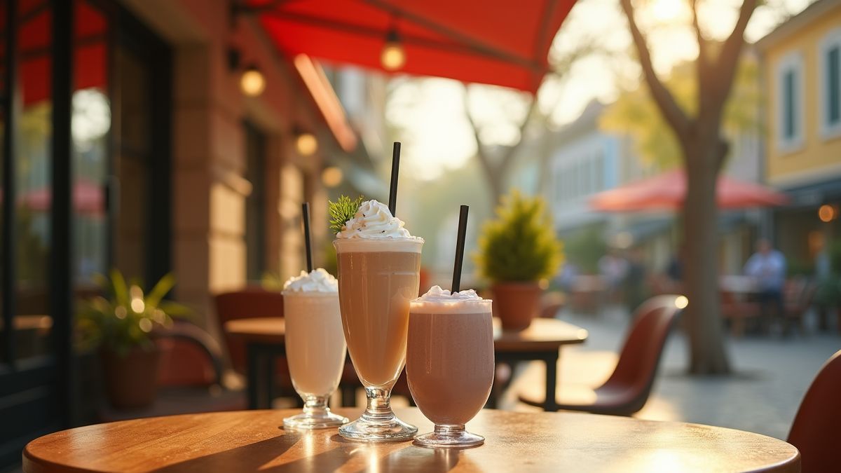 Een mooi café terras met milkshakes op tafel