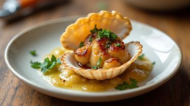 Een mooi gepresenteerd bord Coquilles Saint Jacques.