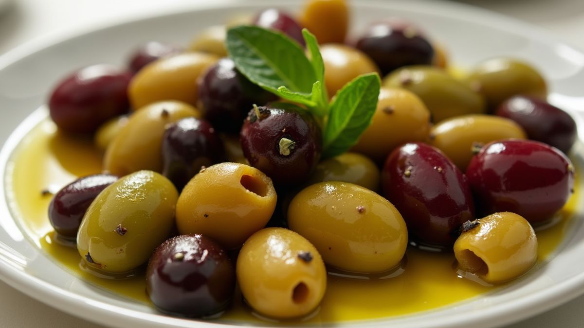 Een mooi gepresenteerd bord met verschillende olijven.
