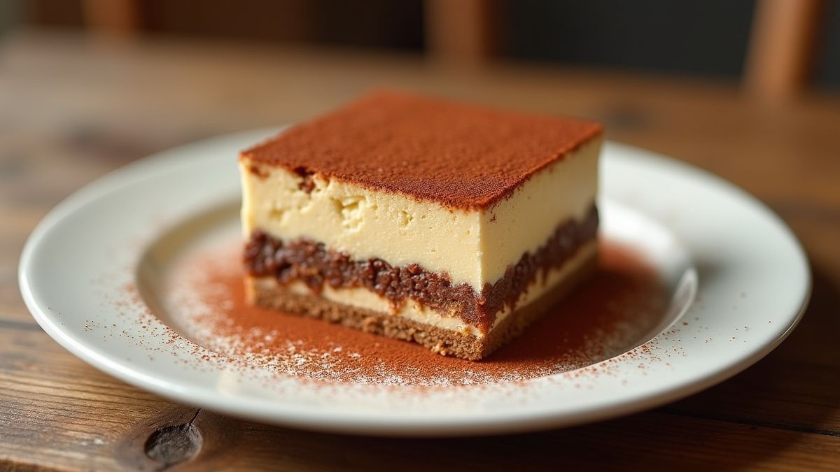 Een mooi gepresenteerde zelfgemaakte tiramisu op een houten tafel.