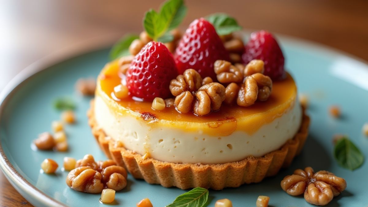 Een mooi gestyleerd dessert met gekonfijte walnoten.