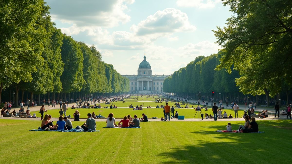 Een mooi uitzicht op het Parc du Cinquantenaire in Brussel met families die genieten van hun picknick.