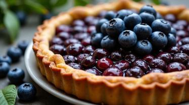 Een heerlijke Belgische blauwe bosbessen taart op een rustieke houten tafel met verse blauwe bessen en slagroom