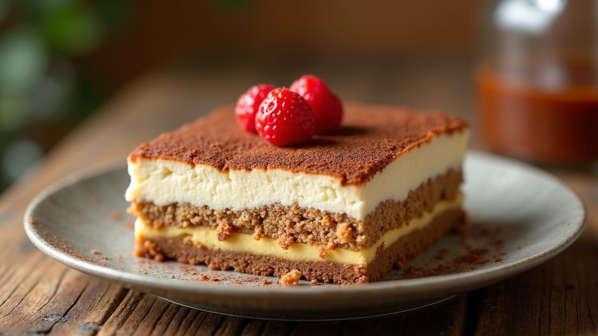 Een mooie zelfgemaakte tiramisu op een houten tafel