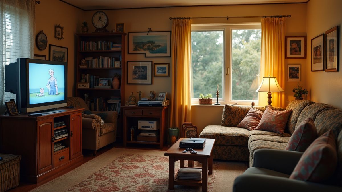Een nostalgische woonkamer met een VCR opstelling, familie foto's en memorabilia