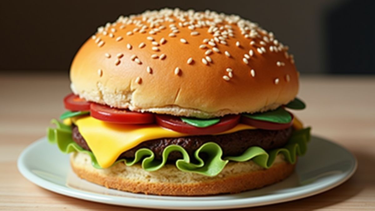 Een ongebruikelijke cheeseburger cake creatief vormgegeven.