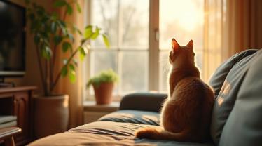 Een ontspannen kat die uit het raam kijkt op een zonnige dag.