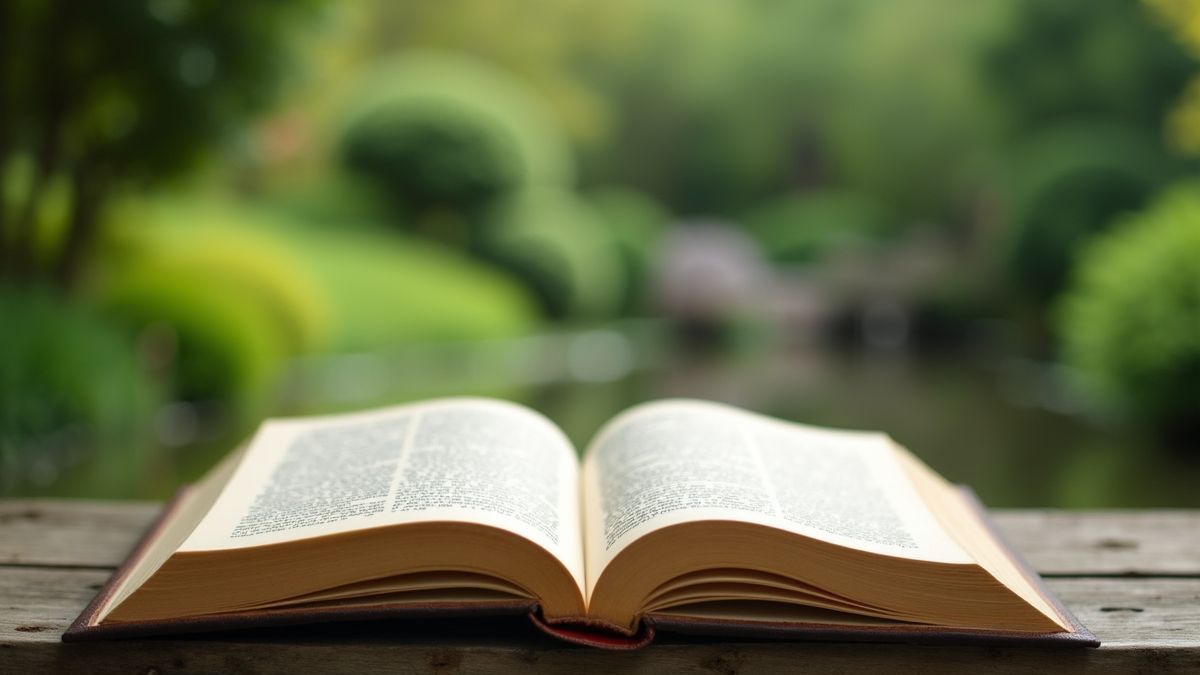 Een open boek met Haiku poëzie in een rustige tuin.