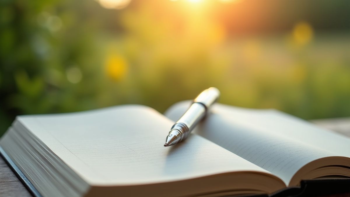 Een open dagboek met een pen en een serene achtergrond.