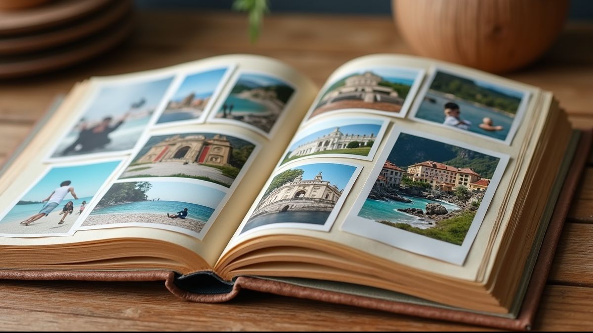 Een open herinneringsboek met foto's en souvenirs