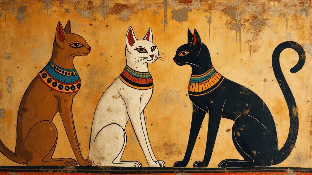 Een oud Egyptisch schilderij dat katten toont die worden vereerd.