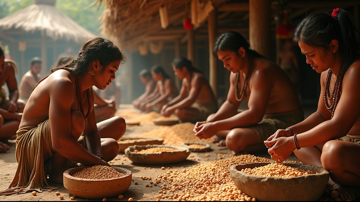 Een oude Azteekse markt waar mensen pinda's malen.