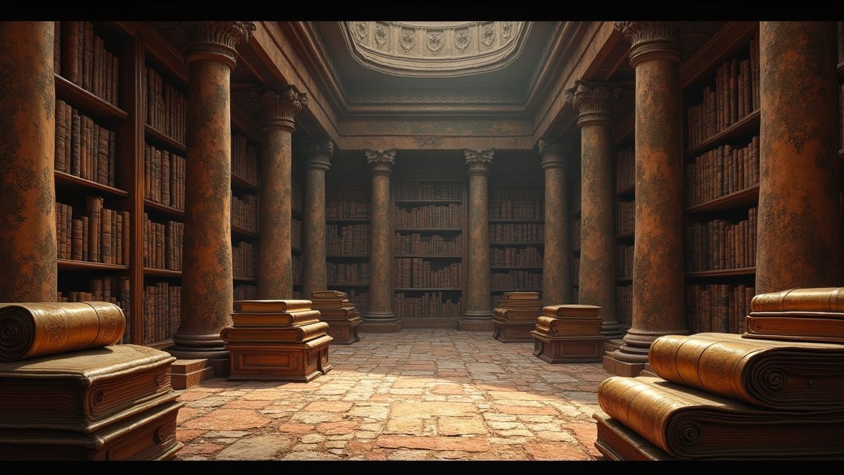 Een oude bibliotheek met rollen en boeken