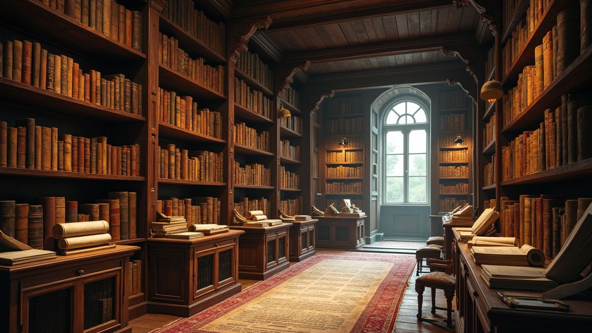 Een oude bibliotheek vol met rollen en boeken.