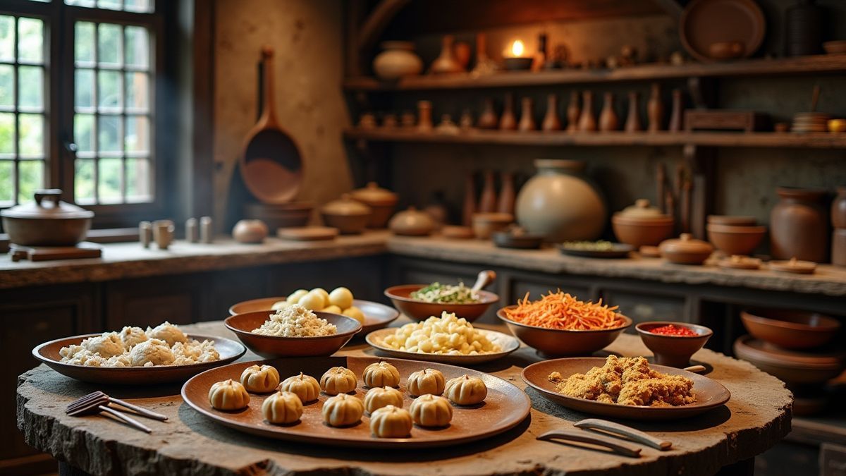 Een oude Chinese keuken met gereedschap en ingrediënten voor dumplings