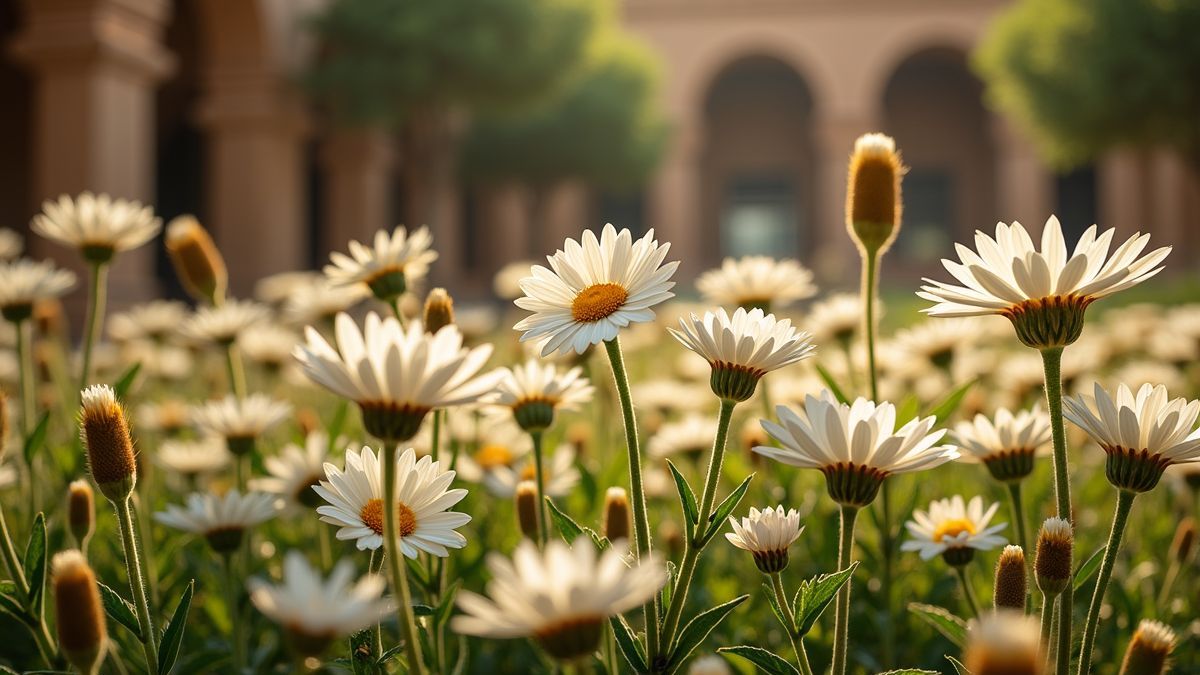 Een oude Egyptische tuin met margrieten