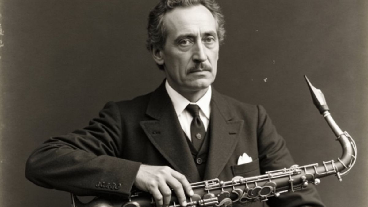 Een oude foto van Adolphe Sax met een saxofoon in de hand.