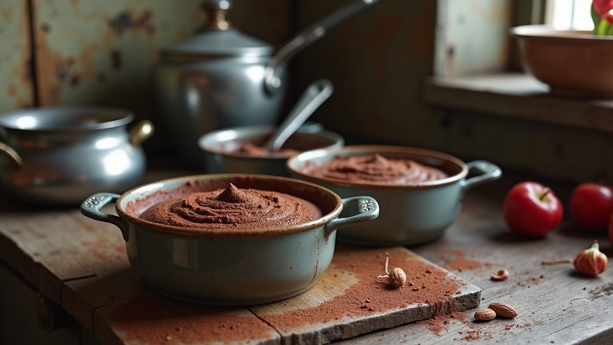 Een oude Franse keuken met vintage kookgerei die chocolademousse bereidt.
