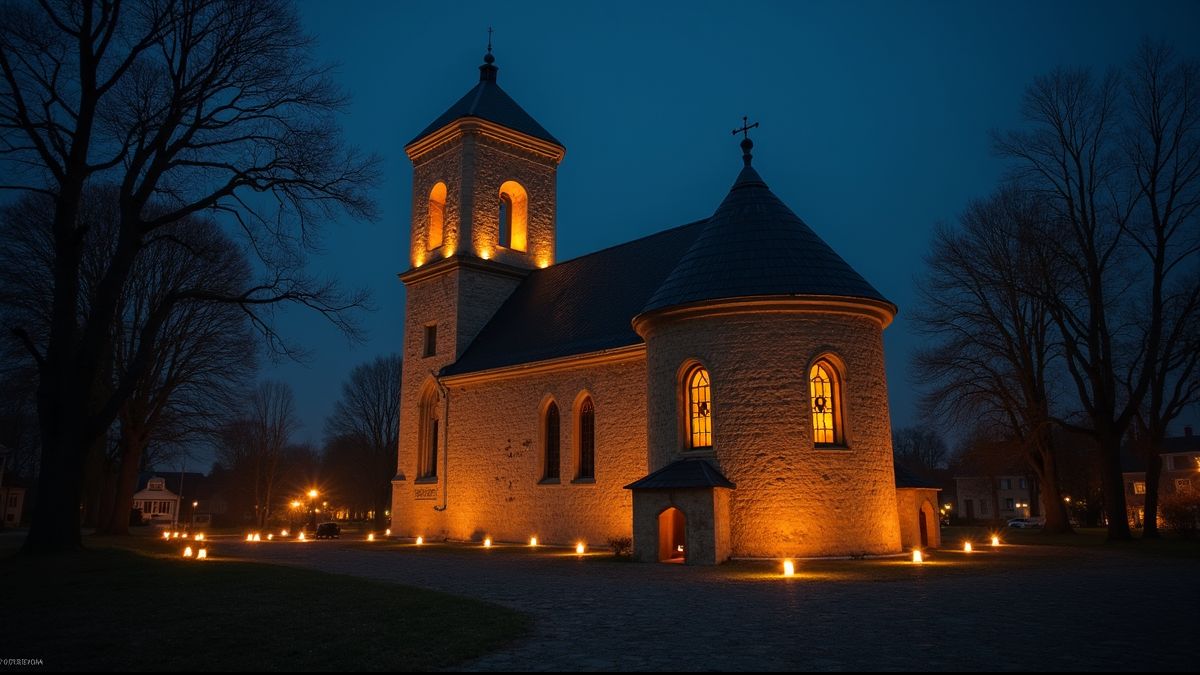 Een oude kerk met kaarslicht 's nachts