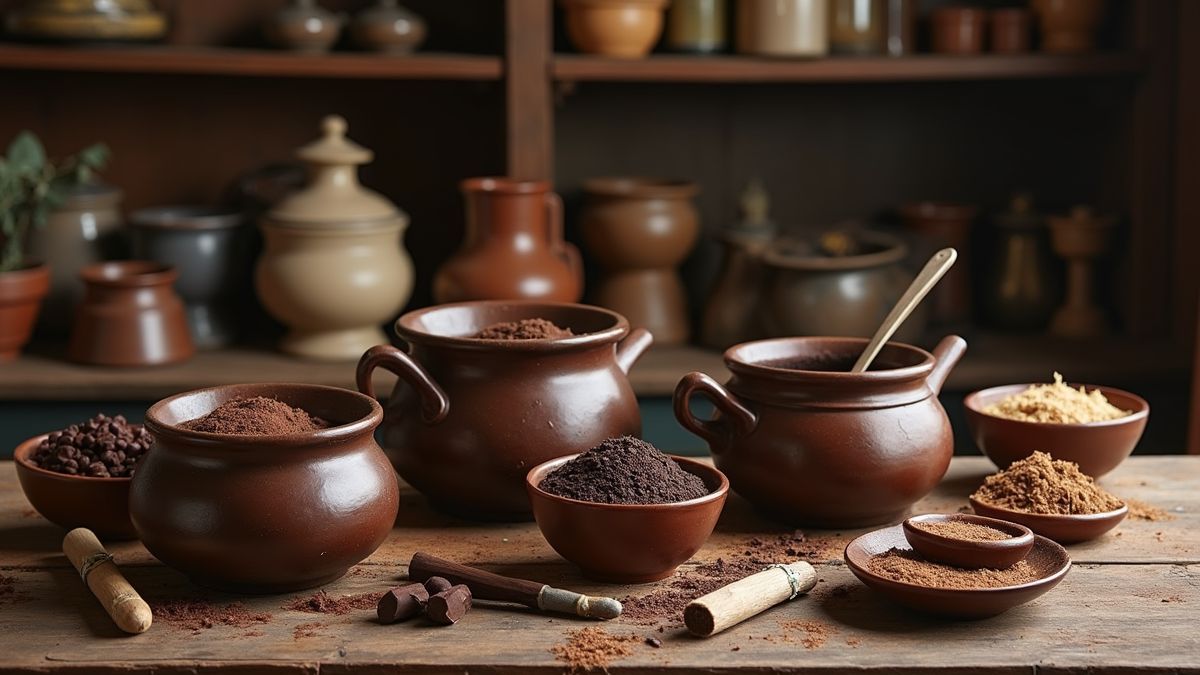 Een oude keuken met traditionele puddingpotten en chocolade-ingrediënten