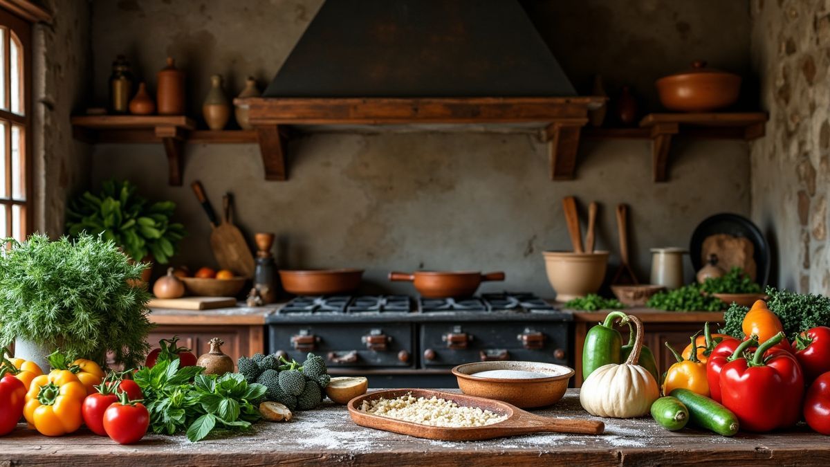 Een oude keuken uit de middeleeuwen, gevuld met verse groenten.