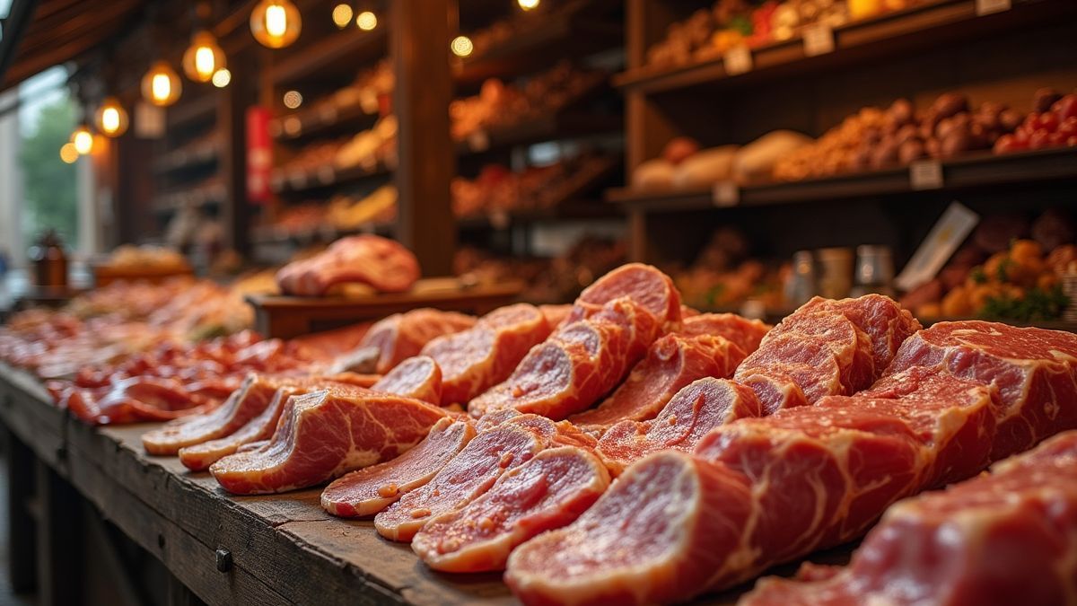 Een oude Romeinse markt met verschillende soorten gedroogd vlees.