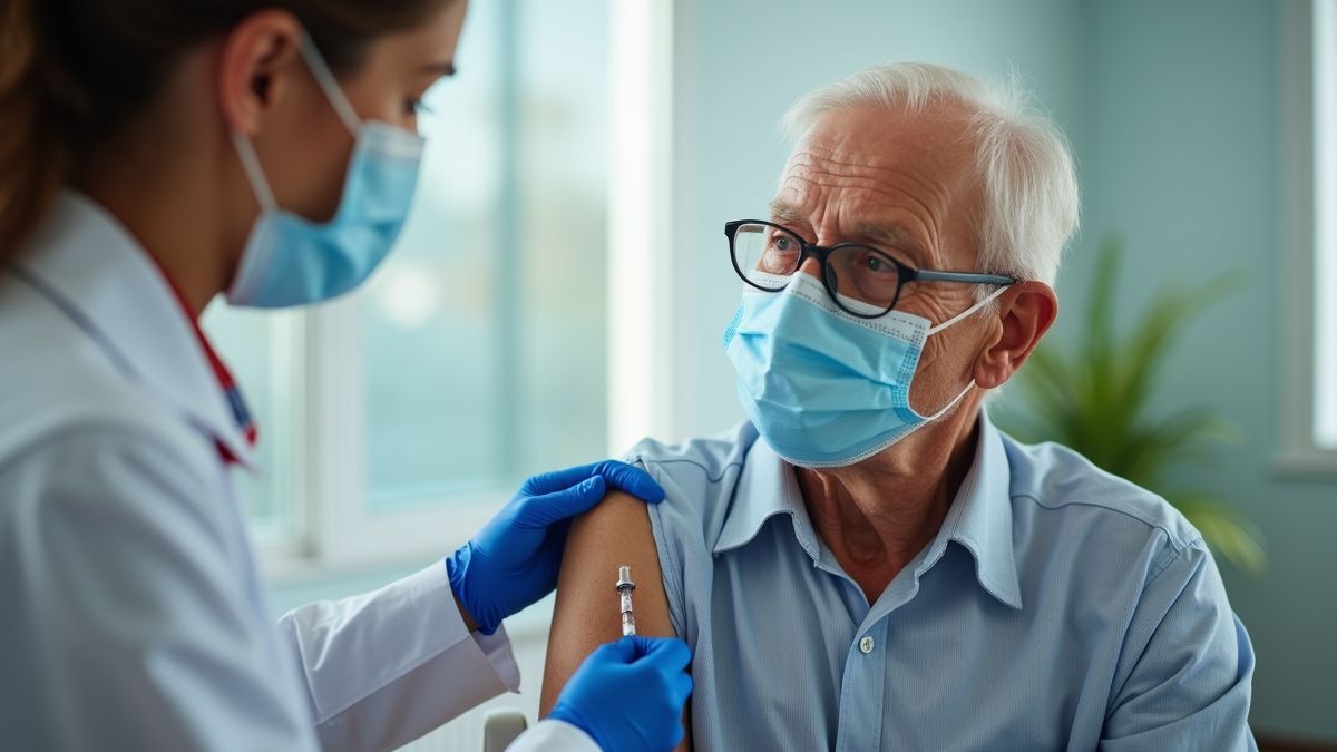 Een oudere patiënt krijgt een pneumonie vaccin in een Belgische kliniek
