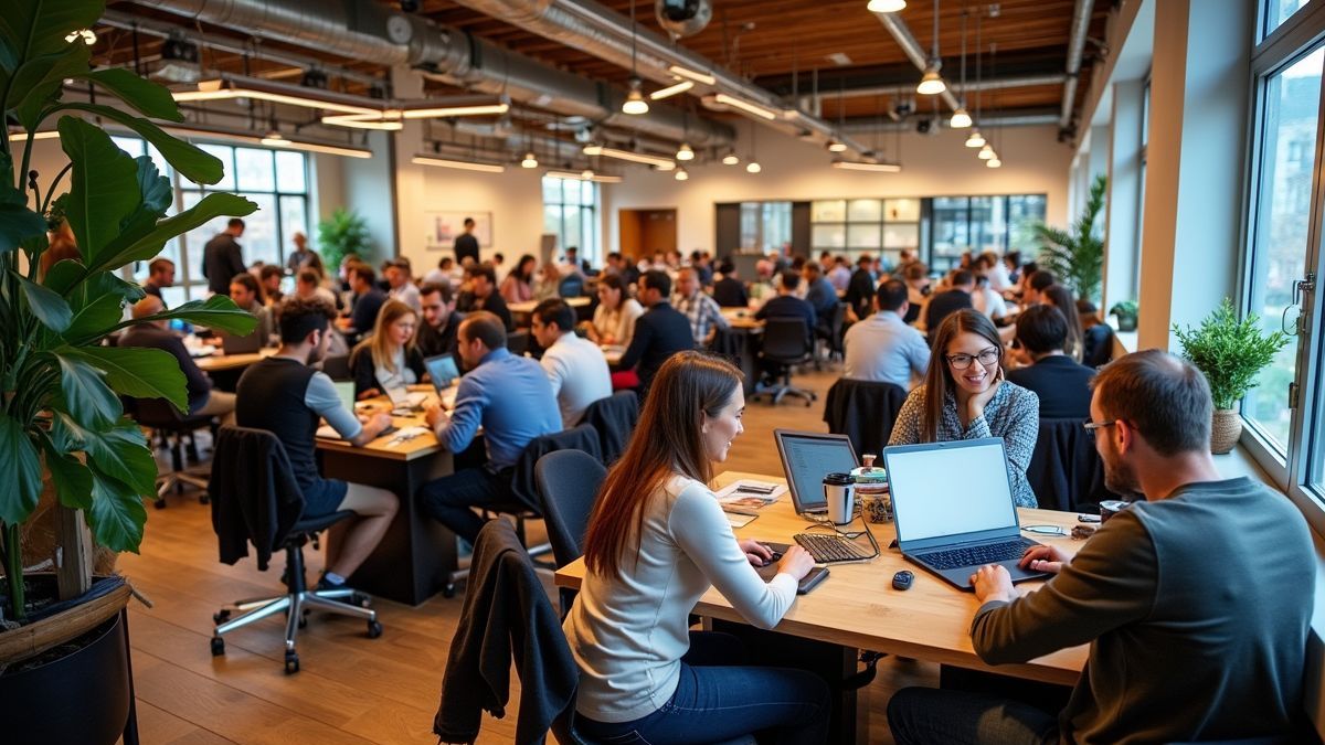 Een overzicht van een drukke coworking ruimte met diverse individuen.