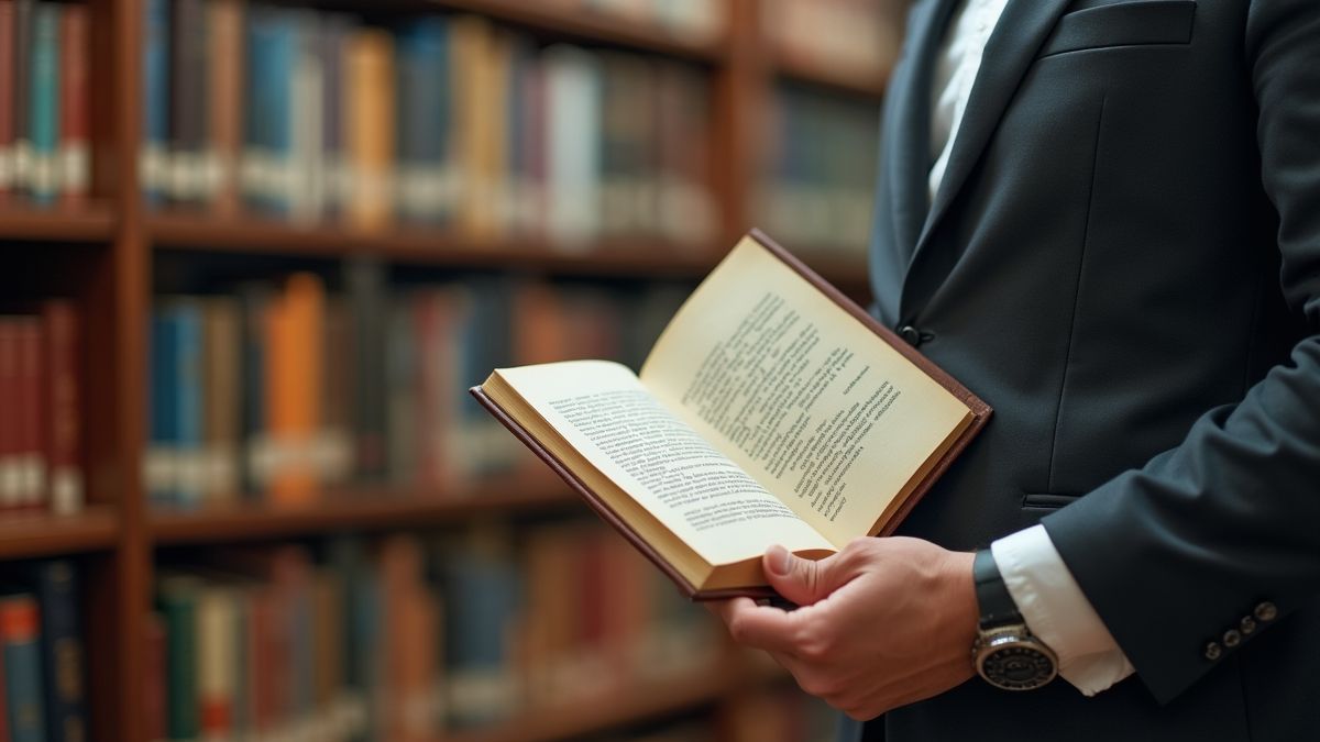 Een persoon die een boek over internationale rechtvaardigheid vasthoudt in een bibliotheek