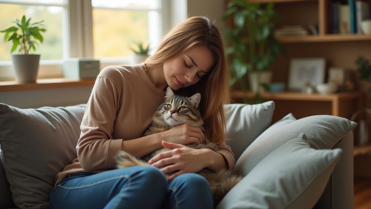 Een persoon die een kat knuffelt in een rustige woonkamer.