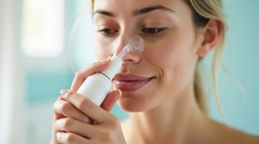 Een persoon die hun neus wast met een sinusspoelingskit.