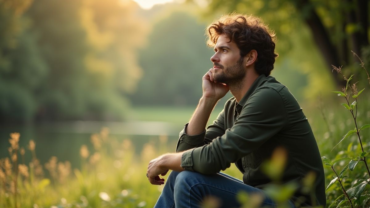 Een persoon die in de natuur zit en nadenkt over hun beslissingen.