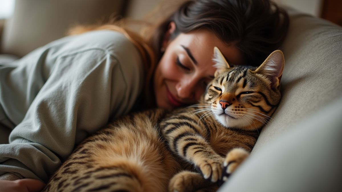 Een persoon die op een zachte bank een kat knuffelt.