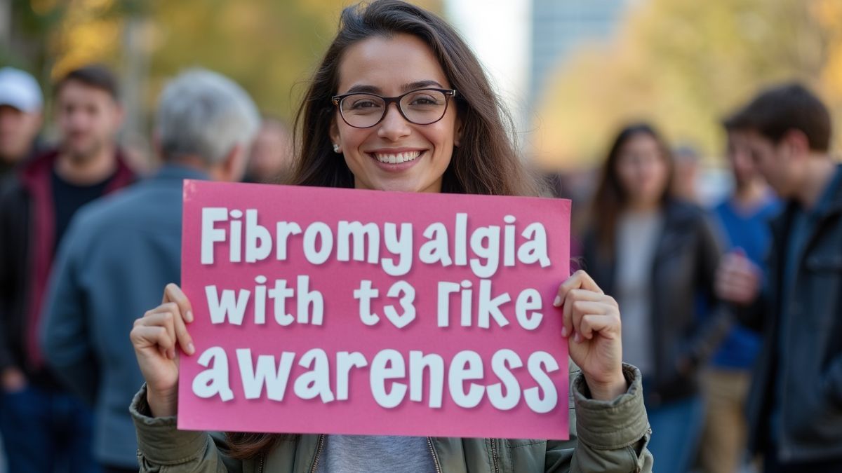 Een persoon houdt een bord voor Fibromyalgie bewustwording in een gemeenschapsinstelling.