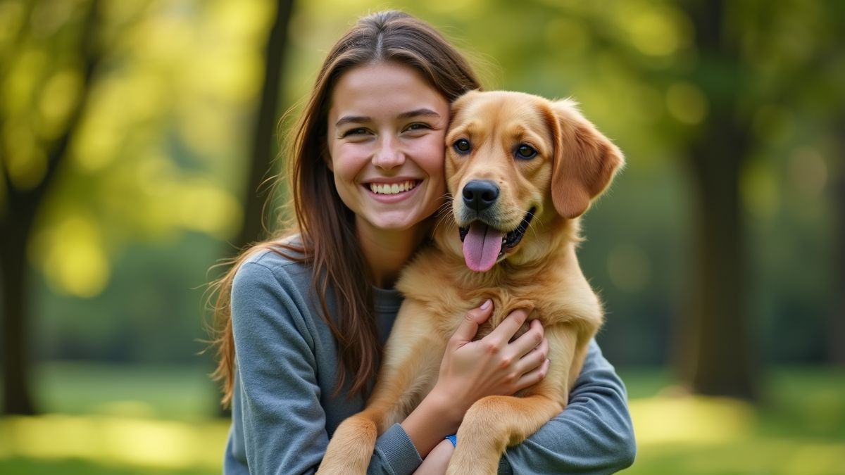 Een persoon knuffelt hun hond in het park