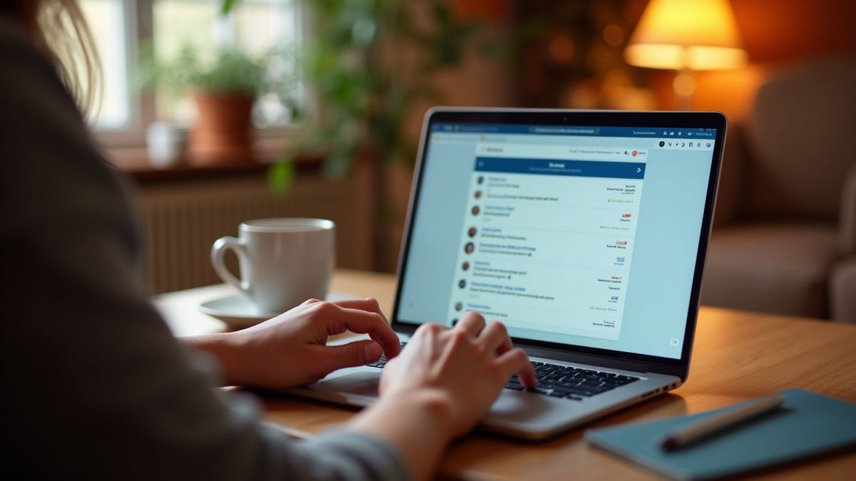Een persoon organiseert zijn e-mail inbox op een laptop in een gezellige setting.