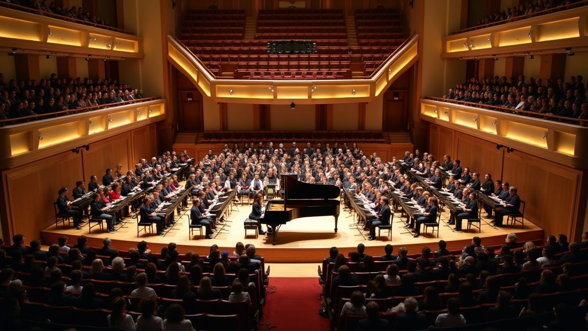 Een piano wedstrijd met jonge pianisten in een elegante concertzaal